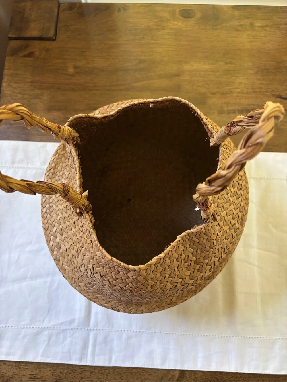 Boho Handwoven Seagrass Storage Basket with Braided Handles - Natural Tan